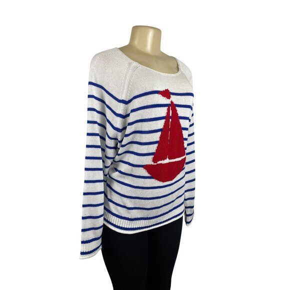 Loft Womens Striped White and Blue Sweater With Red Sailboat Size M - New - Picture 2 of 10
